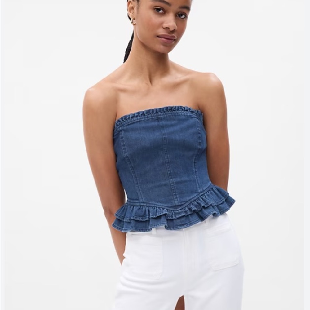 Gap x LoveShackFancy Blue Denim Strapless Top